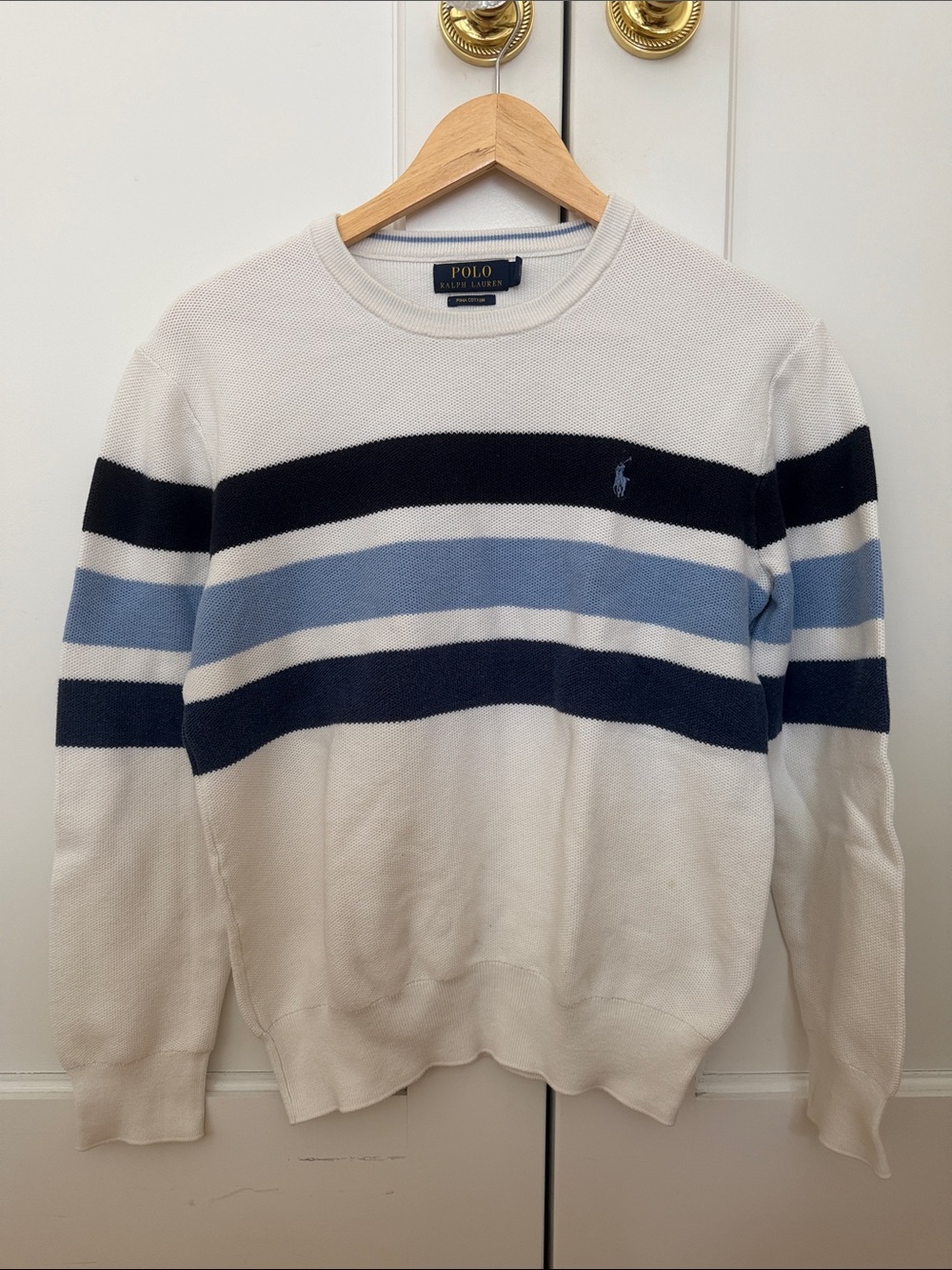 Polo by Ralph Lauren White Crewneck Sweater with Navy & Light Blue Stripes
